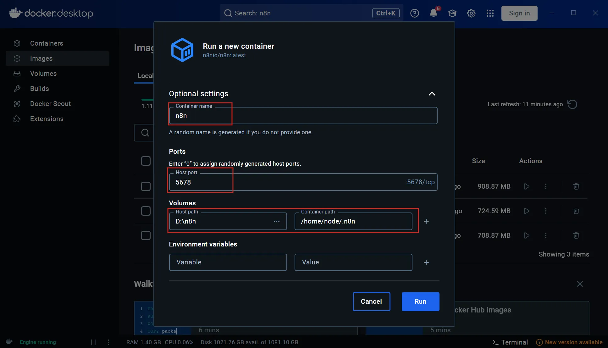 Configure Docker n8n container